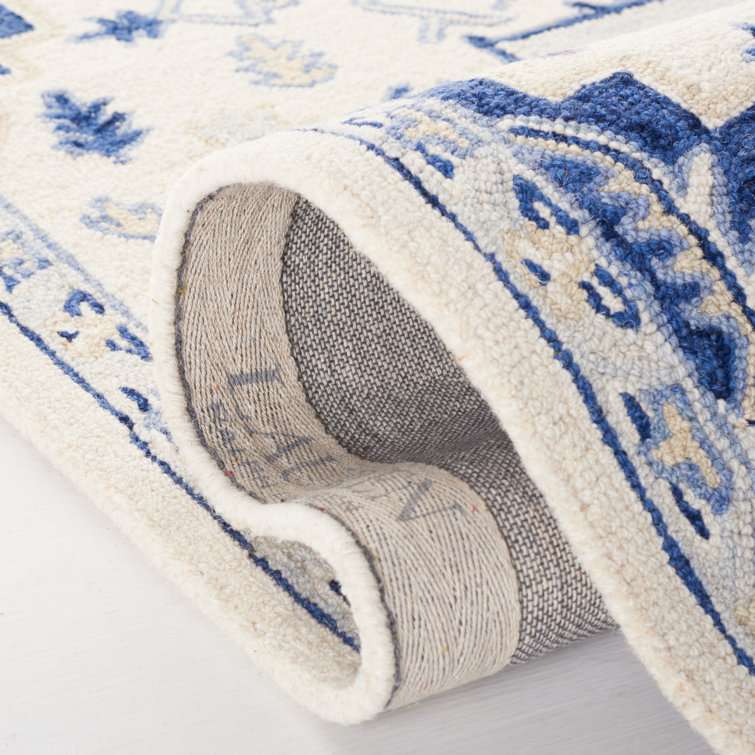 Handmade Ivory and Navy Wool 4' x 6' Oriental Rug