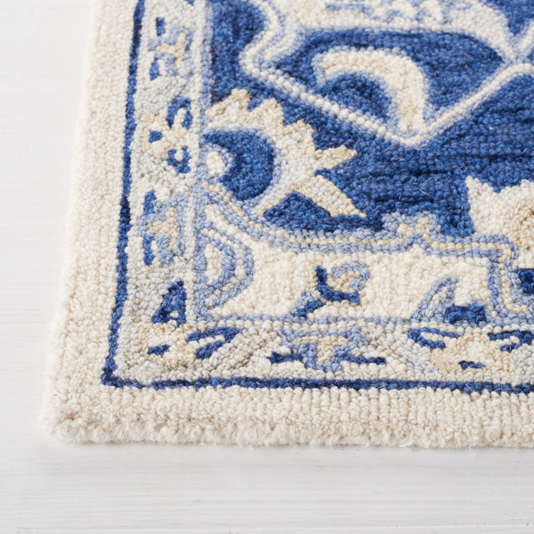 Handmade Ivory and Navy Wool 4' x 6' Oriental Rug