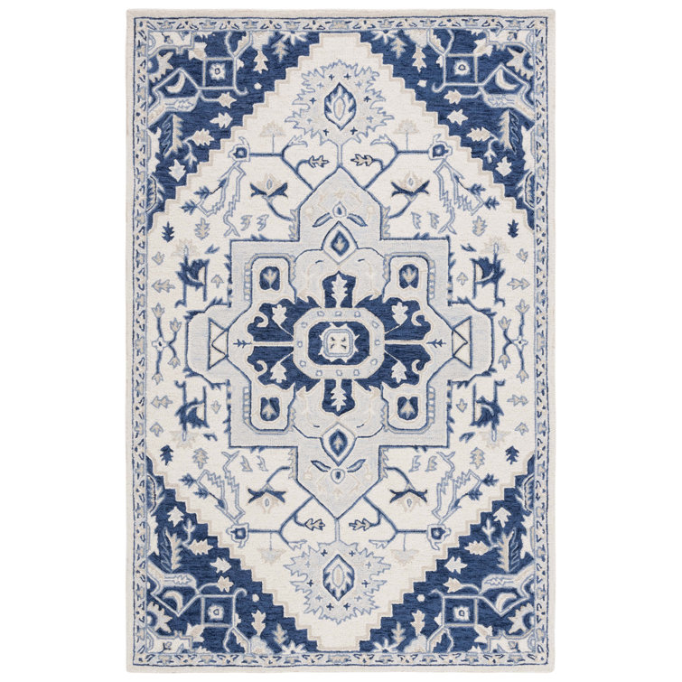 Handmade Ivory and Navy Wool 4' x 6' Oriental Rug