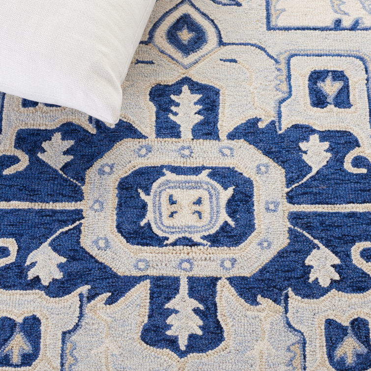 Percy Ivory and Navy Hand-Knotted Wool Round Area Rug