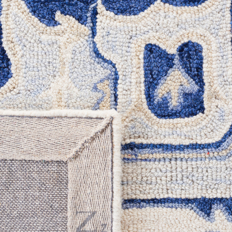 Handmade Ivory and Navy Wool 4' x 6' Oriental Rug