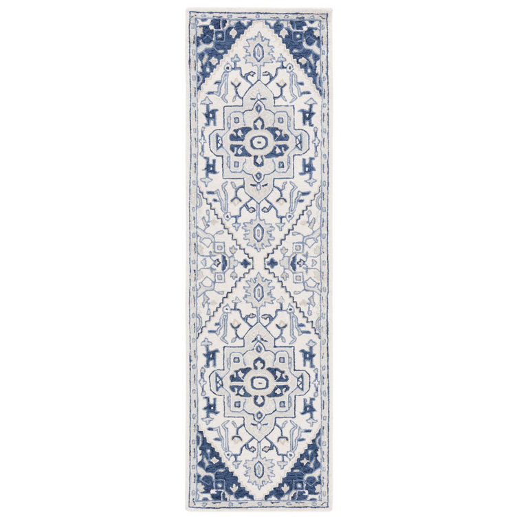 Hand-Tufted Ivory and Navy Wool Runner Rug