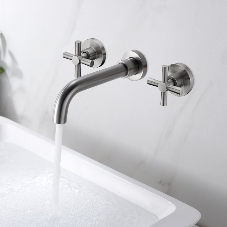 Brushed Nickel Wall-Mounted Bathroom Faucet with Cross Handles
