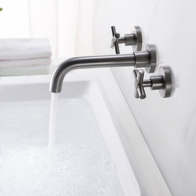 Brushed Nickel Wall-Mounted Bathroom Faucet with Cross Handles