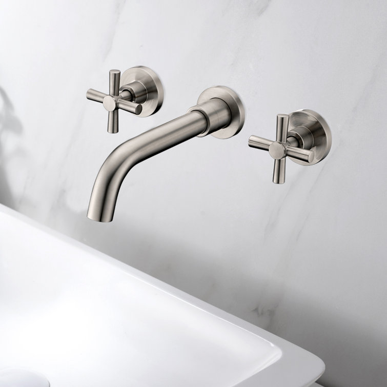 Brushed Nickel Wall-Mounted Bathroom Faucet with Cross Handles
