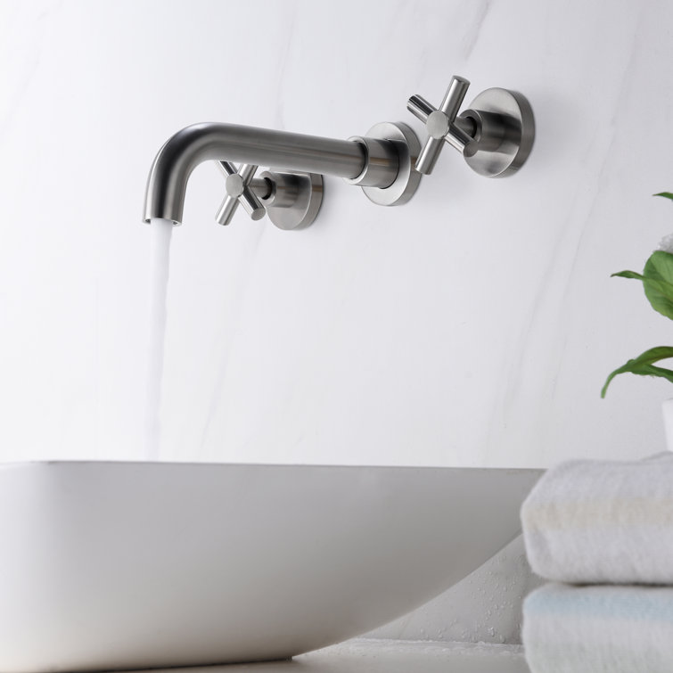 Brushed Nickel Wall-Mounted Bathroom Faucet with Cross Handles