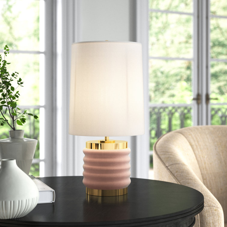 Blush Velvet and Brass Table Lamp with White Linen Shade