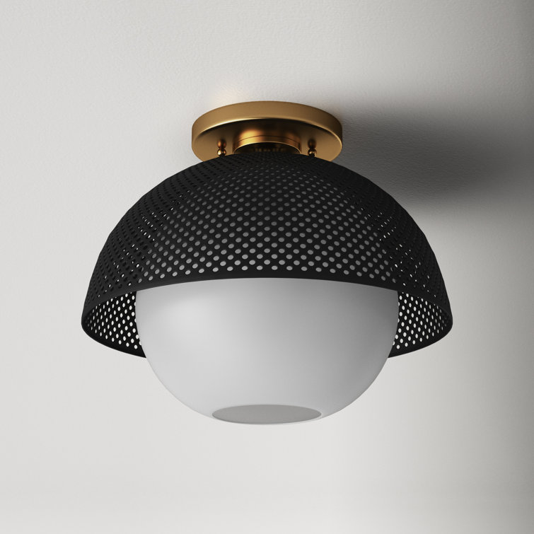 Matte Black and Satin Brass Globe Flush Mount with White Glass Shade