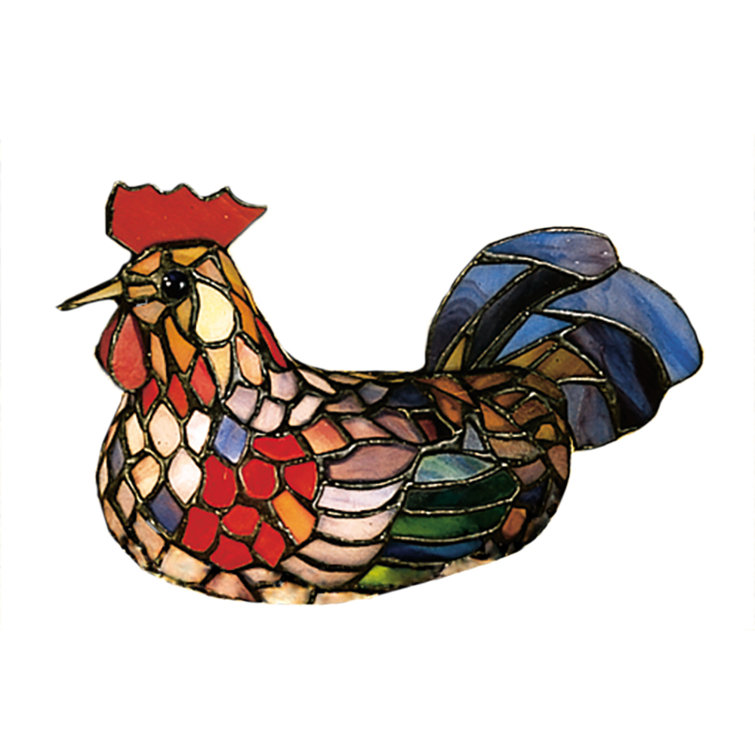 Multicolor Stained Glass Rooster Accent Lamp with Blue Tail