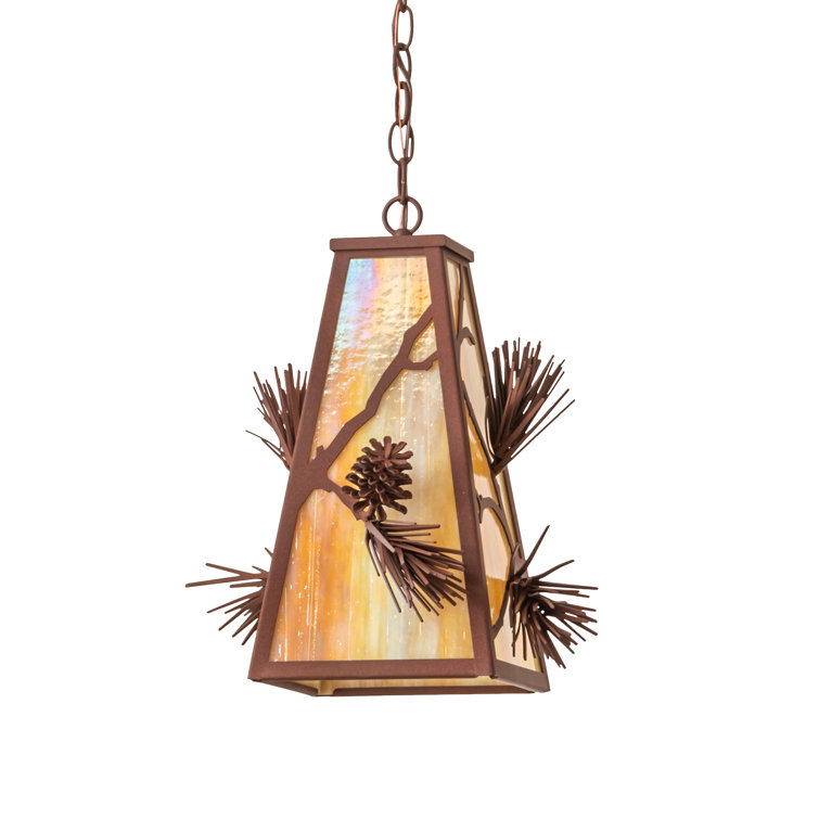 Rustic Pine & Iridescent Glass Single Pendant Light