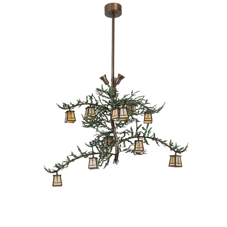 Antique Copper 15-Light Pine Branch Chandelier with Iridescent Glass Shades