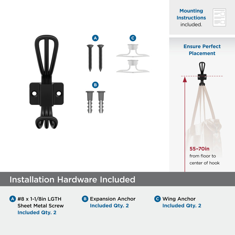 Matte Black Double Prong Decorative Metal Wall Hook