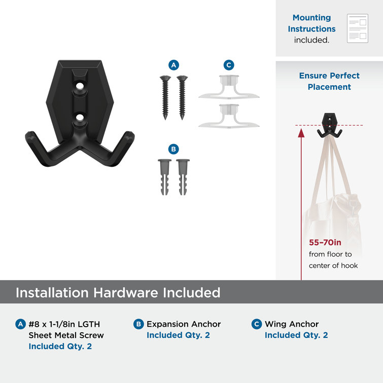 Matte Black Double Prong Metal Wall Hook