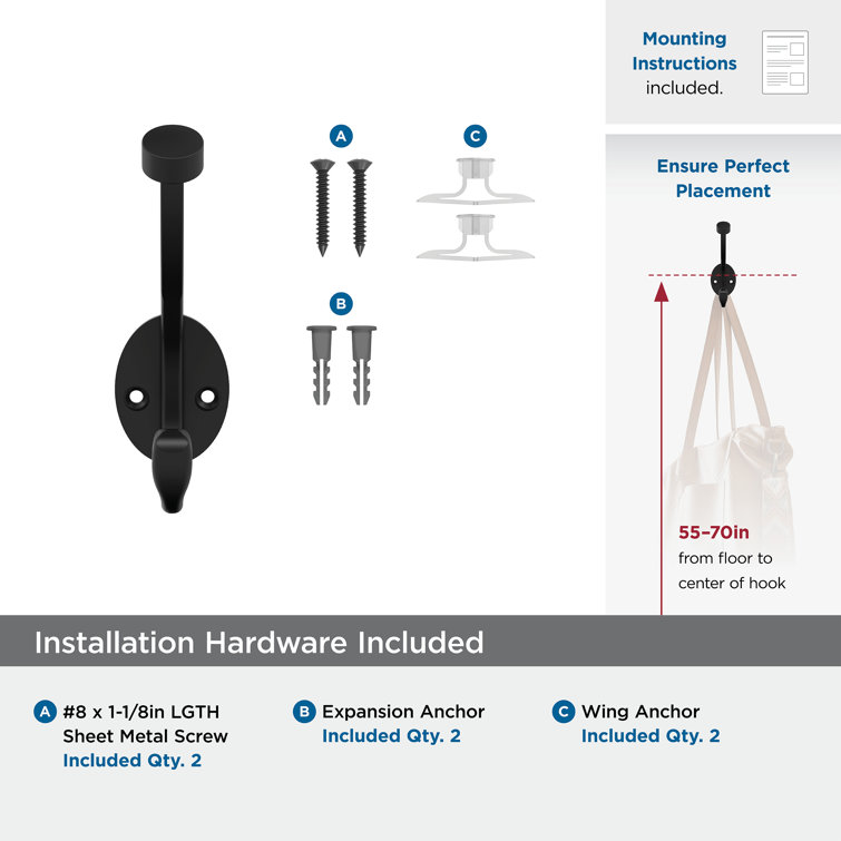 Matte Black Double Prong Decorative Metal Wall Hook