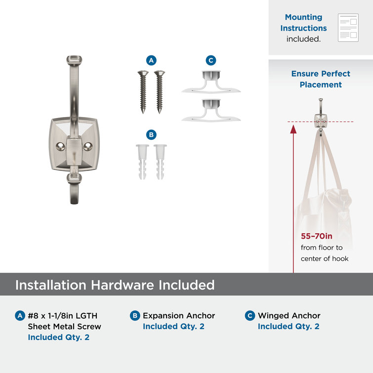 Satin Nickel Double Prong Decorative Wall Hook