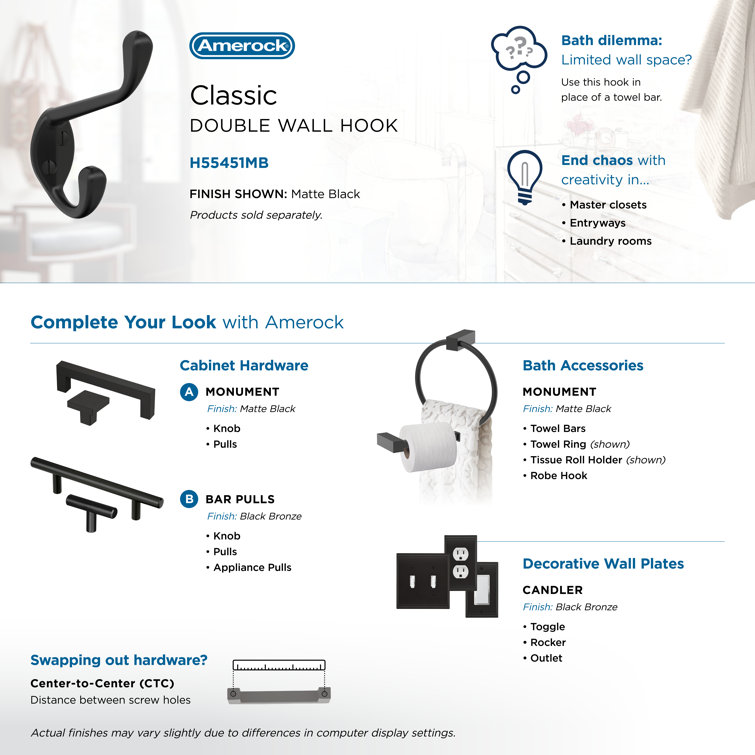 Matte Black Double Prong Metal Wall Hook