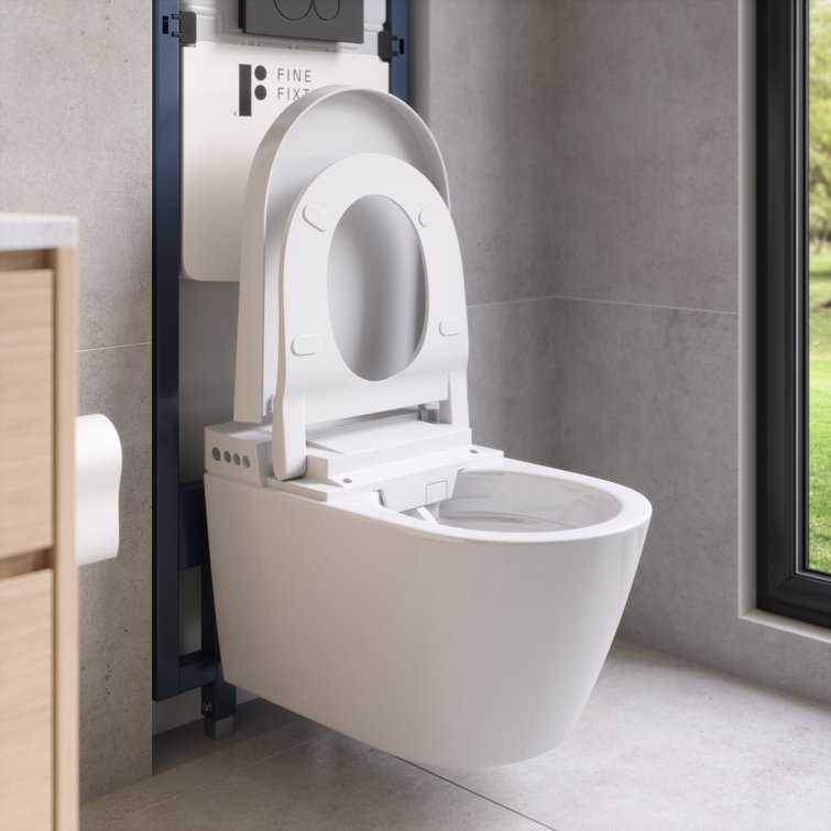 White Smart Wall-Mounted Toilet with Bidet Seat and Chrome Push Buttons
