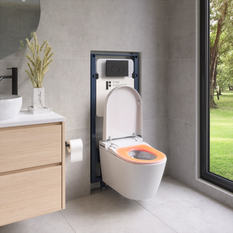 White Smart Wall-Mounted Toilet with Bidet Seat and Chrome Push Buttons