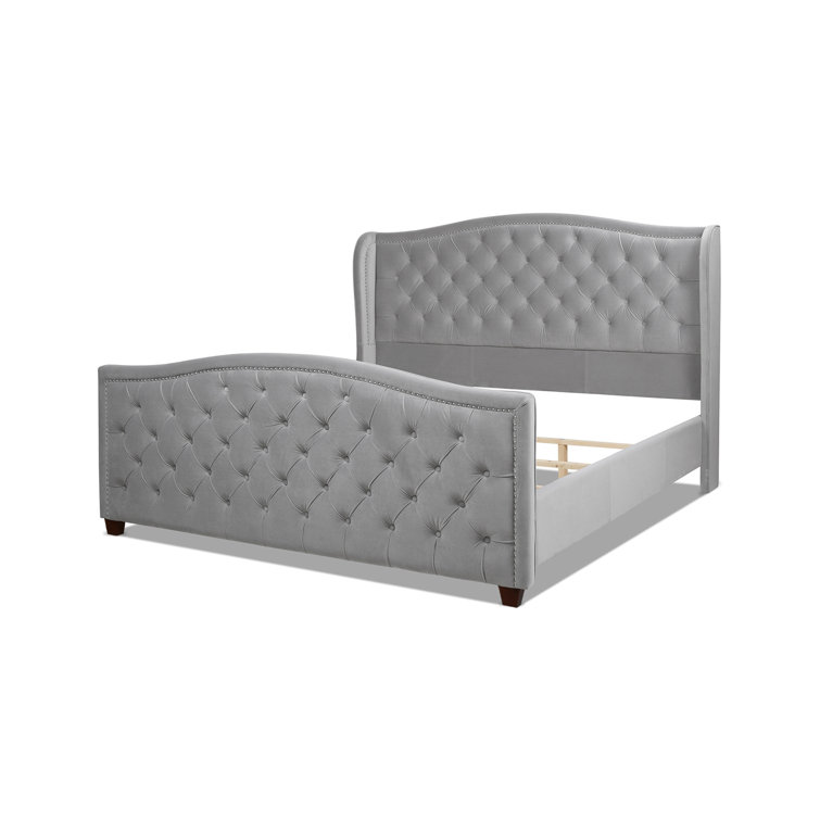 Arctic Blue Velvet Upholstered King Bed with Nailhead Trim