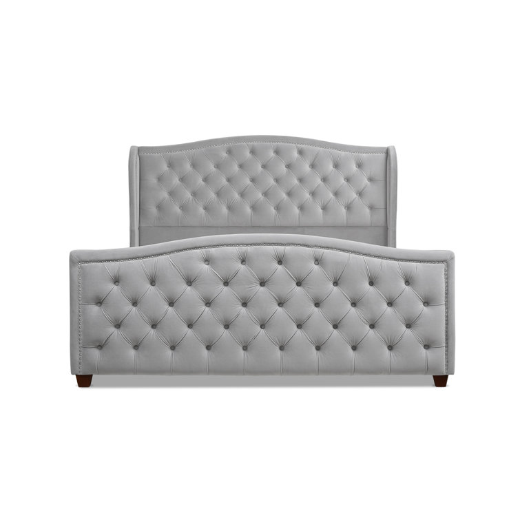 Arctic Blue Velvet Upholstered King Bed with Nailhead Trim