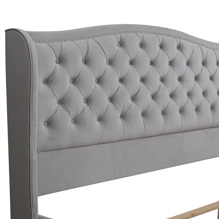 Arctic Blue Velvet Upholstered King Bed with Nailhead Trim