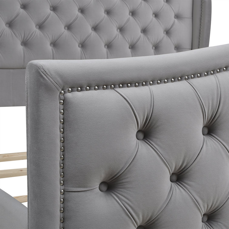 Arctic Blue Velvet Upholstered King Bed with Nailhead Trim