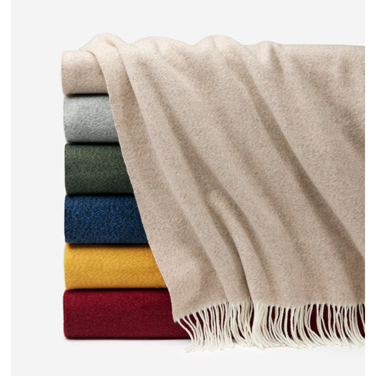 Loden Green Wool Throw Blanket with Fringe