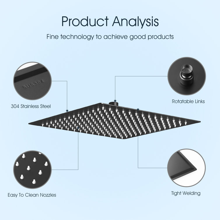 Matte Black 12-Inch Square Stainless Steel Rain Shower Head