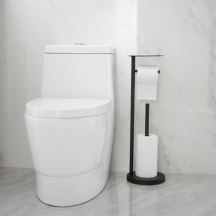 Matte Black Freestanding Stainless Steel Toilet Paper Holder with Storage Shelf