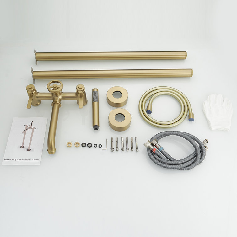Brushed Gold 2-Handle Deck-Mount Roman Tub Faucet with Hand Shower