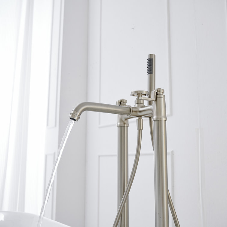 Brushed Nickel Freestanding Floor Mount Tub Faucet with Hand Shower