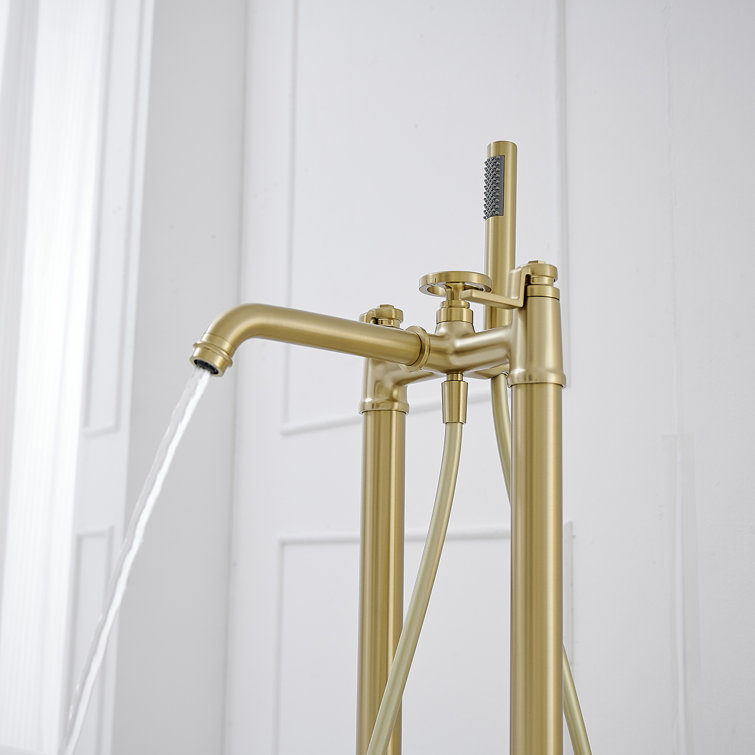 Brushed Gold 2-Handle Deck-Mount Roman Tub Faucet with Hand Shower