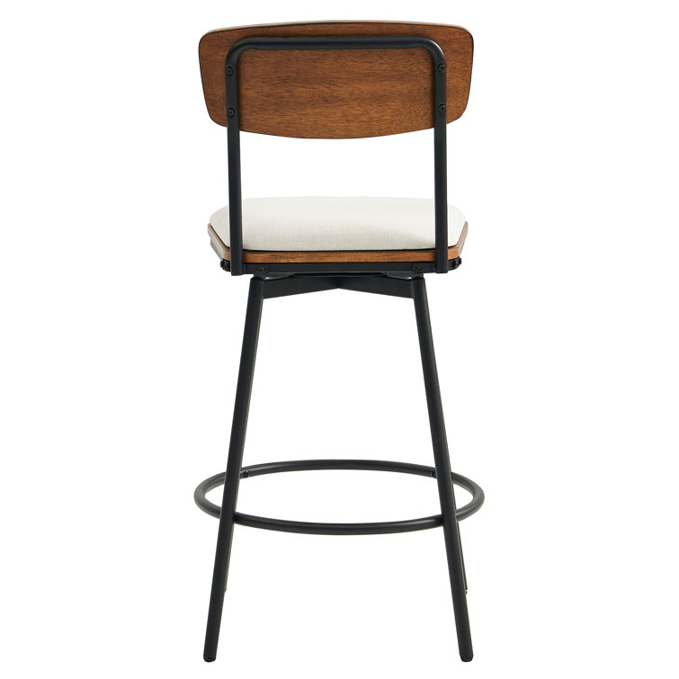 White Linen and Wood Swivel Counter Stools, Set of 3