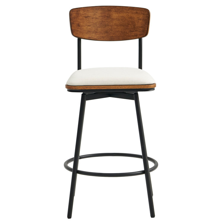 White Linen and Wood Swivel Counter Stools, Set of 3