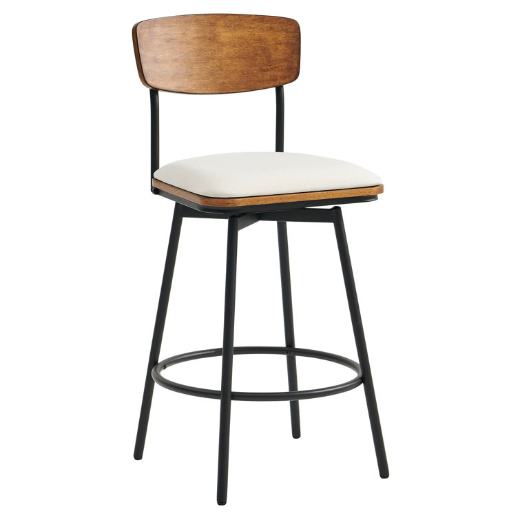 White Linen and Wood Swivel Counter Stools, Set of 3