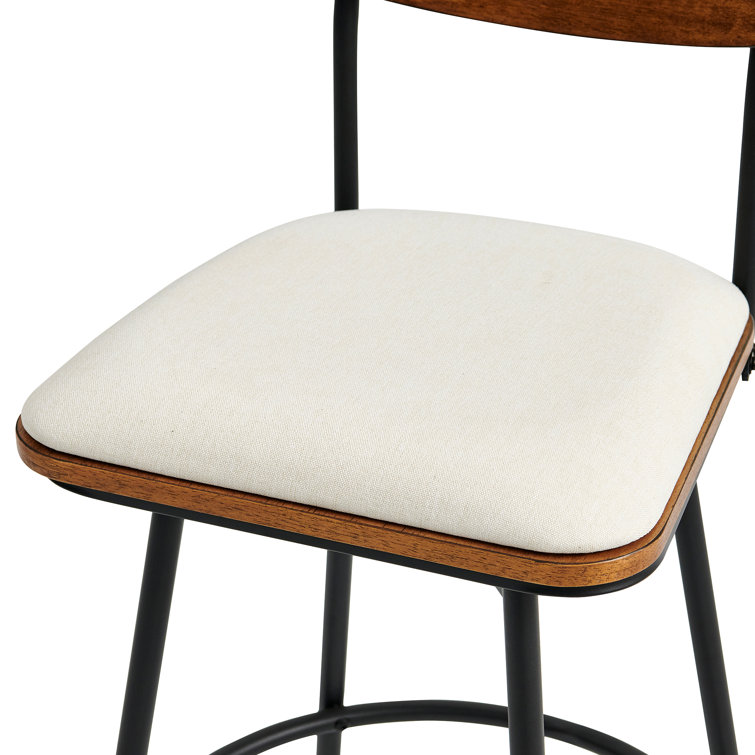 White Linen and Wood Swivel Counter Stools, Set of 3