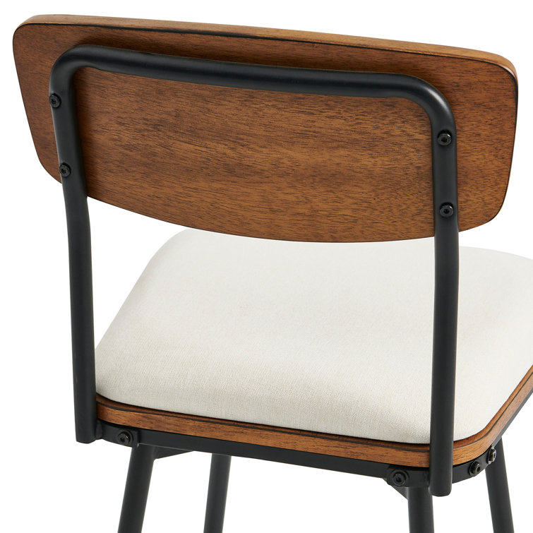 White Linen and Wood Swivel Counter Stools, Set of 3