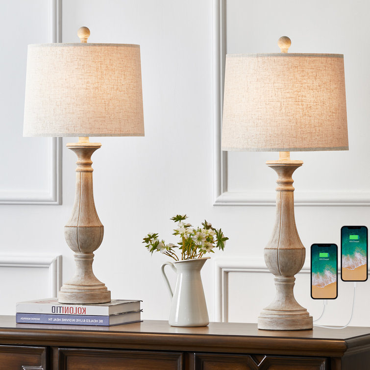 27.5'' Beige Linen Drum Shade Table Lamp Set with USB Ports
