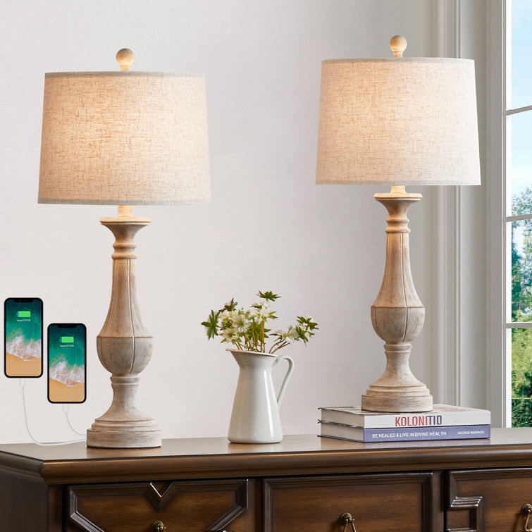 27.5'' Beige Linen Drum Shade Table Lamp Set with USB Ports