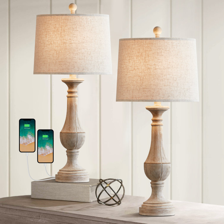 27.5'' Beige Linen Drum Shade Table Lamp Set with USB Ports