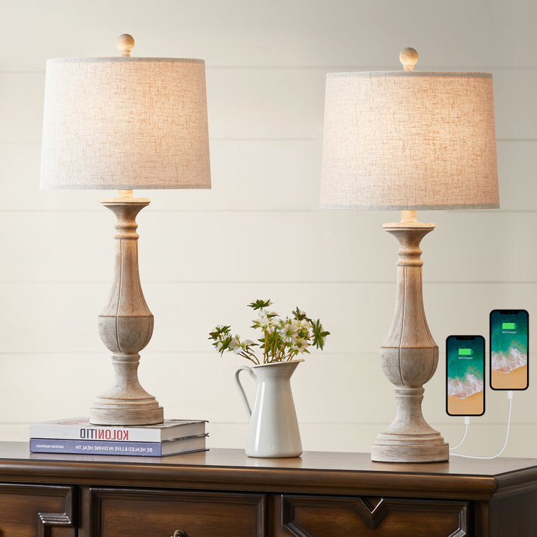 27.5'' Beige Linen Drum Shade Table Lamp Set with USB Ports