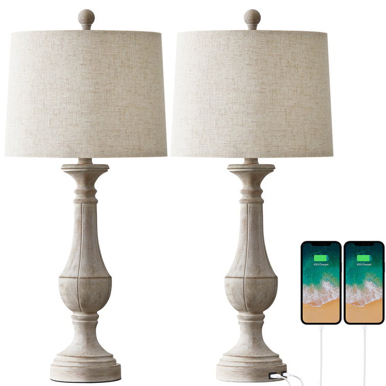 27.5'' Beige Linen Drum Shade Table Lamp Set with USB Ports