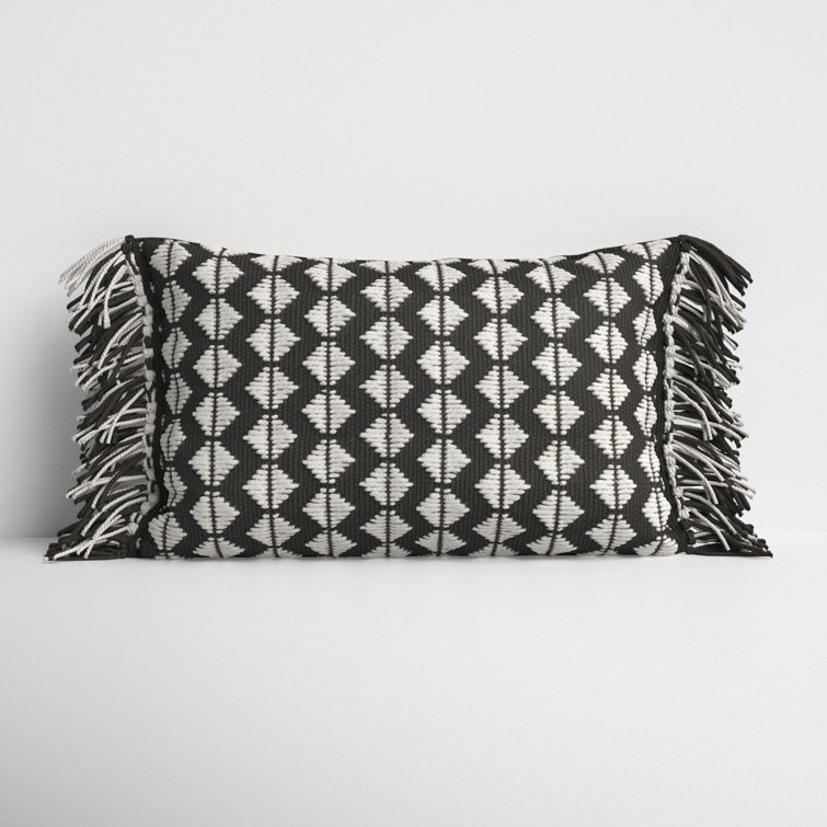 Black and Ivory Rectangular Bohemian Tassel Throw Pillow