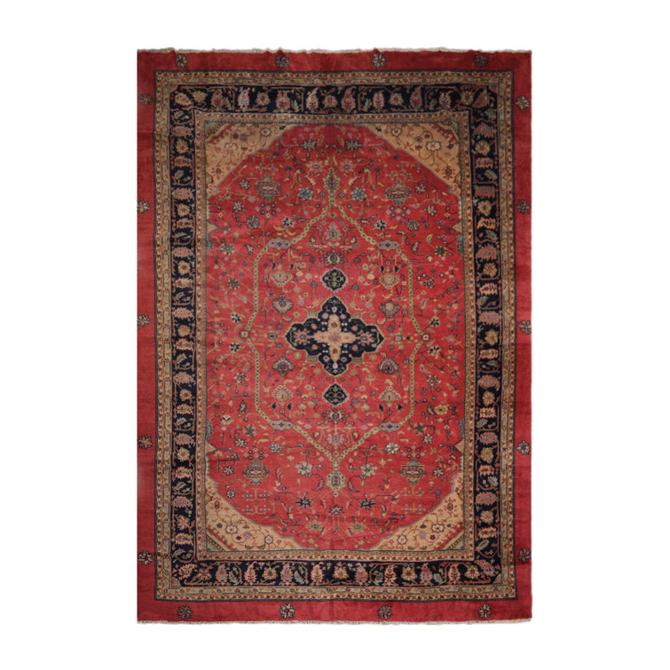 Hand-Knotted Red and Beige Wool Oriental Rug