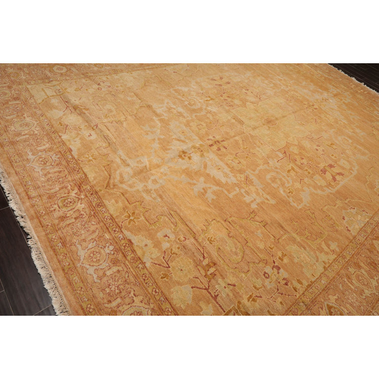 Hand-Knotted Pale Peach and Tan Wool Oriental Rug