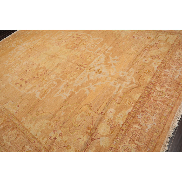Hand-Knotted Pale Peach and Tan Wool Oriental Rug
