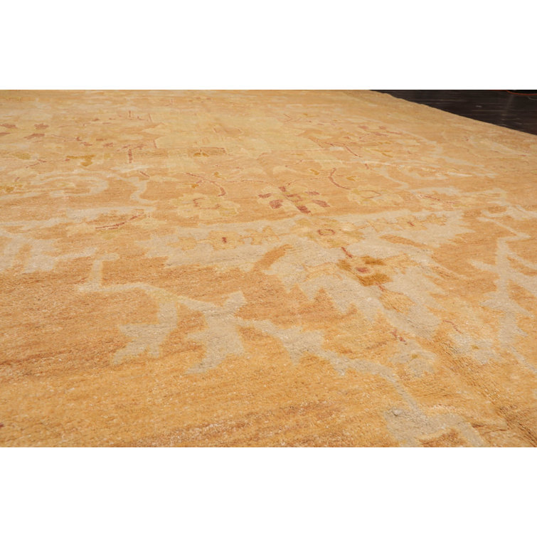 Hand-Knotted Pale Peach and Tan Wool Oriental Rug