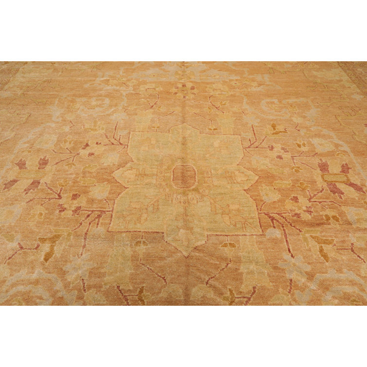Hand-Knotted Pale Peach and Tan Wool Oriental Rug