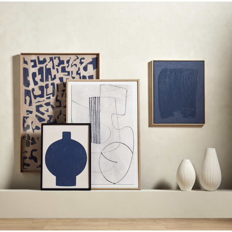 Large Abstract Black and White Canvas Art with Oak Frame