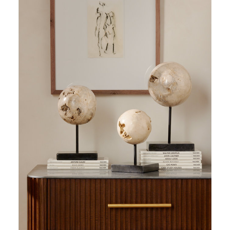 Set of Three Beige Travertine and Black Iron Sculptures